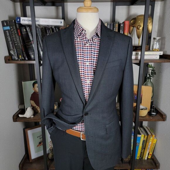 J.Ferrar Mens Sport Coat Blazer Two Button Charcoal Gray Poly Blend Slim Fit 40L